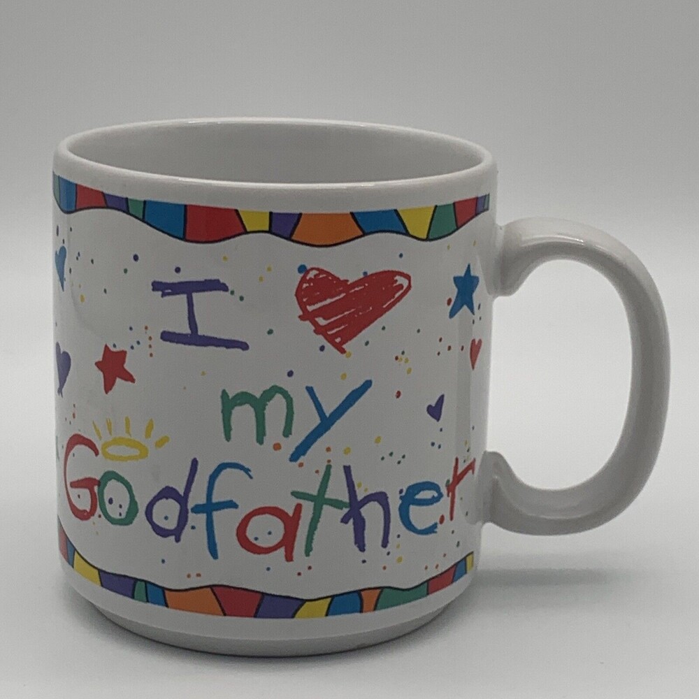 Vintage Russ Coffee Mug I Love My Godfather Childs Colorful Handwriting 10 ounce